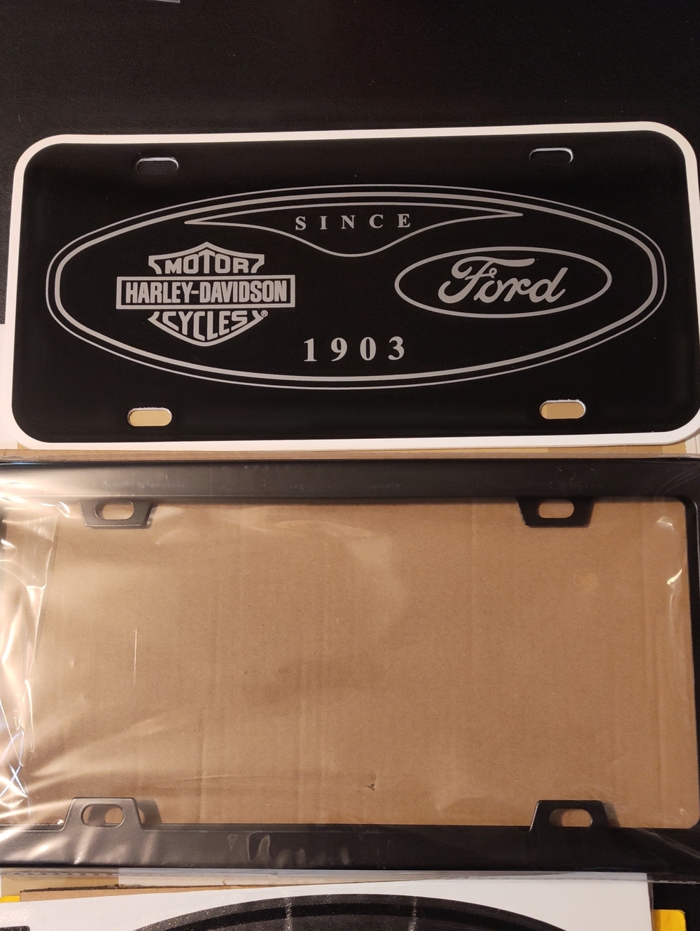 Harley-Davidson /Ford License Plate Frame with Ford Logo & Black Out Oval Decals